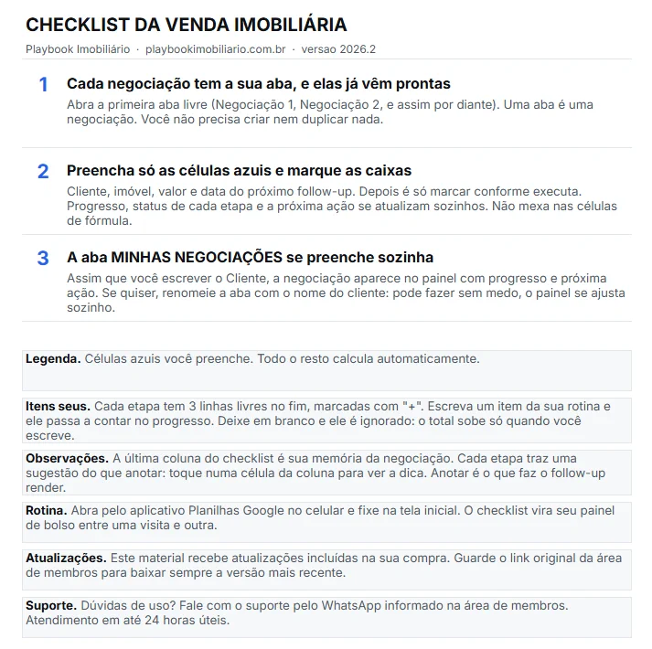 Aba COMO USAR do Checklist da Venda Imobiliária, com a legenda de preenchimento