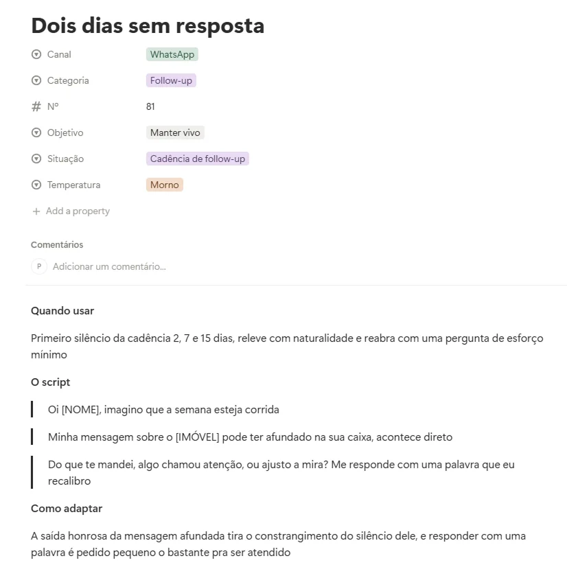 Um script aberto, com quando usar, a mensagem pronta e a dica de adaptação