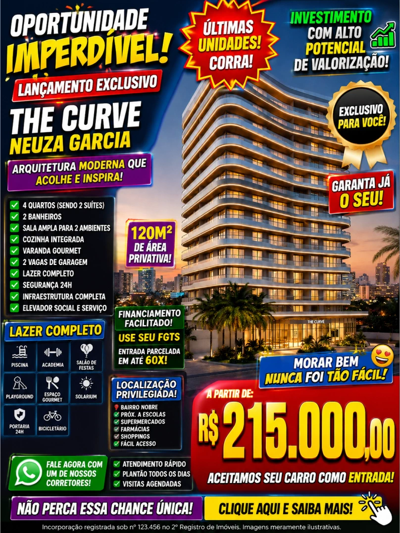 Anúncio poluído do empreendimento The Curve, cheio de selos e preços gritados, feito com prompt genérico