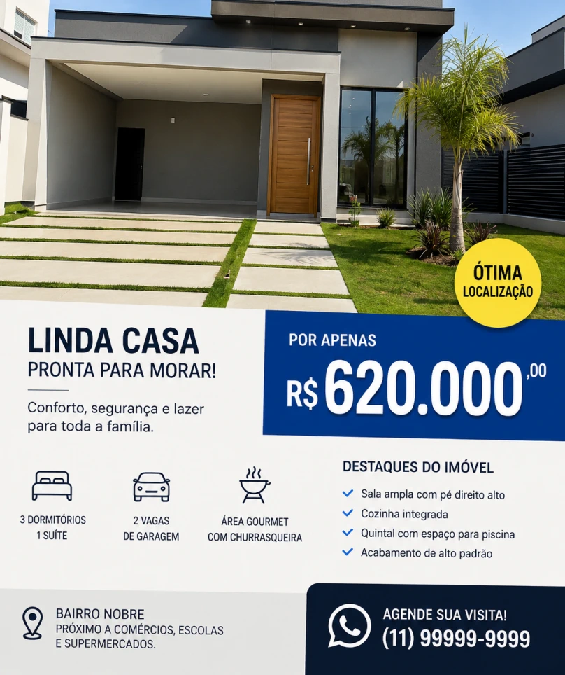 Anúncio poluído de uma casa à venda por R$620.000, feito com prompt genérico