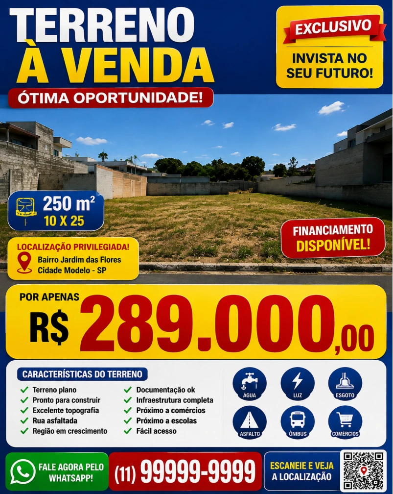 Anúncio poluído de um terreno à venda por R$289.000, feito com prompt genérico