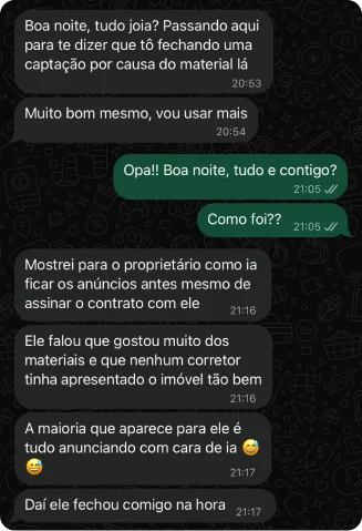 Conversa de WhatsApp em que um corretor conta que mostrou ao proprietário como ficariam os anúncios antes de assinar o contrato e fechou a captação na hora